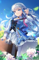 Rule 34 | 1girl, absurdres, ayaka (genshin impact), back bow, blue bow, blue dress, blue eyes, blue hair, blunt bangs, bow, braid, breasts, butterfly hair ornament, closed mouth, collar, commentary request, dress, flower, genshin impact, hair flower, hair ornament, hand up, highres, holding, holding suitcase, kamisato ayaka, kamisato ayaka (springbloom missive), light blue hair, long hair, long sleeves, medium breasts, mixed-language commentary, mole, mole under eye, official alternate costume, puffy long sleeves, puffy sleeves, ryo-suzuki, smile, solo, suitcase, white collar