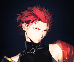 Rule 34 | 1boy, black background, black shirt, closed mouth, commentary request, earrings, ensemble stars!, green eyes, highres, jewelry, kiryu kuro, looking at viewer, male focus, namo, portrait, red hair, shirt, short hair, sleeveless, sleeveless turtleneck, solo, stud earrings, turtleneck