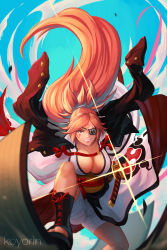 Rule 34 | 1girl, amputee, arm guards, artist name, baiken, big hair, black footwear, black jacket, black kimono, blue sky, boots, breasts, cloud, collarbone, commentary request, cross-laced footwear, day, eyepatch, facial tattoo, facing viewer, fingerless gloves, from below, glint, gloves, grin, guilty gear, guilty gear xrd, highres, holding, holding sword, holding weapon, jacket, jacket on shoulders, japanese clothes, kataginu, katana, kimono, koyorin, large breasts, long hair, long sleeves, looking at viewer, multicolored clothes, multicolored kimono, obi, one-eyed, open clothes, open kimono, orange eyes, orange hair, parted bangs, ponytail, rope, samurai, sandals, sash, scar, scar across eye, scar on face, sheath, sky, smile, solo, sword, tattoo, toeless footwear, unsheathing, very long hair, weapon, white kimono, wind