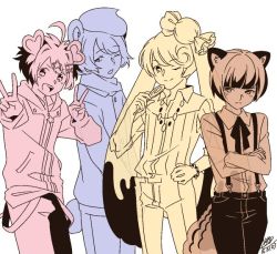 Rule 34 | 10s, 4boys, animal ears, bear ears, bear tail, bracelet, rabbit ears, candy, candy lapin (show by rock!!), chokiyurui (show by rock!!), cream teddy (show by rock!!), crossed arms, double v, food, genderswap, genderswap (ftm), hand on own hip, hands in pockets, hood, hoodie, jewelry, lollipop, male focus, monochrome, multiple boys, multiple monochrome, pig ears, pig macaron (show by rock!!), shikido (khf), short hair, show by rock!!, signature, simple background, smile, squirrel ears, squirrel tail, tail, v