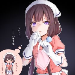Rule 34 | &gt; &lt;, 1girl, apron, black background, blend s, blunt bangs, blush, chestnut mouth, collared shirt, faubynet, flying sweatdrops, frilled apron, frills, gloves, gradient background, hand to own mouth, handkerchief, holding, long hair, looking at viewer, nose blush, parted lips, pink shirt, pink skirt, puffy short sleeves, puffy sleeves, purple eyes, purple hair, sakuranomiya maika, shirt, short sleeves, simple background, skirt, solo, sweat, translated, uniform, very long hair, waist apron, waitress, white apron, white gloves