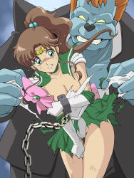 Rule 34 | 1girl, bishoujo senshi sailor moon, blue skin, bow, breasts, brown hair, chain, chained, choker, clenched teeth, collar, colored skin, covering privates, covering crotch, cowboy shot, cuffs, earrings, gloves, glowing, glowing eyes, green eyes, green skirt, groin, height difference, high ponytail, highres, jewelry, kino makoto, legs, leotard, long hair, looking at viewer, medium breasts, nipples, no pupils, pink bow, ponytail, rape, sailor jupiter, simple background, skirt, slave, standing, tarekatsu, tears, teeth, thighs, tiara, torn clothes, yellow eyes