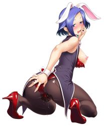 Rule 34 | 1girl, animal ears, ass, blue eyes, blue hair, blush, breasts, casino, commentary, earrings, fake animal ears, female focus, high heels, highres, indoors, jewelry, kneeling, leotard, lineart, looking at viewer, looking back, lovina (taimanin asagi battle arena), medium breasts, naughty face, nipples, open mouth, pantyhose, playboy bunny, pussy juice, rabbit ears, rabbit tail, saliva, short hair, simple background, smile, solo, sweat, tail, taimanin (series), taimanin asagi kessen arena, wrist cuffs, zol