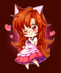 Rule 34 | 1girl, animal ears, bare shoulders, blush, breasts, brown background, brown hair, collarbone, dress, imaizumi kagerou, jewelry, long hair, looking at viewer, one eye closed, red eyes, simple background, solo, tail, totoharu (kujirai minato), touhou, wolf ears, wolf tail