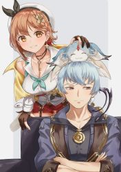 Rule 34 | 1boy, 1girl, atelier (series), atelier ryza, atelier ryza 2, atyao-299, bare shoulders, black choker, black hairband, black shirt, blue hair, bos brunnen, breasts, brown eyes, brown gloves, brown hair, choker, cleavage, closed mouth, collarbone, collared shirt, crossed arms, drop earrings, earrings, embarrassed, fi (atelier), gloves, hairband, highres, jacket, jewelry, key, key necklace, large breasts, leaning forward, light blue hair, looking to the side, mole, mole under eye, necklace, open clothes, open jacket, parted lips, partially fingerless gloves, pendant, petting, purple eyes, purple jacket, red shorts, reisalin stout, shirt, short hair, short shorts, shorts, simple background, single earring, sitting, sleeveless, sleeveless shirt, smile, standing, star (symbol), star earrings, white headwear, white shirt, yellow jacket