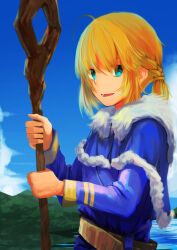 Rule 34 | 1girl, absurdres, ahoge, alternate costume, artoria caster (fate), artoria pendragon (fate), blonde hair, blue capelet, blue shirt, braid, capelet, commentary request, cowboy shot, fate (series), french braid, fur-trimmed capelet, fur trim, green eyes, highres, holding, holding staff, long sleeves, looking at viewer, lovetigerfish, mountain, ocean, outdoors, shirt, smile, solo, staff, water