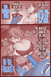Rule 34 | 1boy, 1girl, 2koma, banknote, bar censor, blooregard q kazoo, breasts, censored, cleavage, clothes lift, comic, ear piercing, ekz (robotekz), english text, foster&#039;s home for imaginary friends, frankie foster, hair between eyes, hair ornament, holding, holding money, hood, hoodie, huge breasts, imminent paizuri, midriff, money, motion lines, navel, open clothes, open hoodie, open mouth, penis, piercing, ponytail, red theme, saliva, shirt, shirt lift, shorts, speech bubble, sports bra, sweatdrop, trembling, underboob, veins, veiny penis