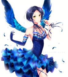 Rule 34 | 10s, 1girl, aireenhp, blue hair, breasts, character name, cleavage, feathers, flower, hair ornament, hayami kanade, idolmaster, idolmaster cinderella girls, idolmaster cinderella girls starlight stage, parted bangs, short hair, sleeveless, smile, solo, white background, wings, yellow eyes