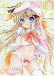 Rule 34 | 1girl, animal ears, blue eyes, cape, dog ears, dog tail, dress shirt, hat, little busters!, long hair, noumi kudryavka, panties, sample watermark, shirt, silver hair, smaple, solo, standing, striped clothes, striped panties, tail, thighhighs, traditional media, underwear, wakaba0801, watermark