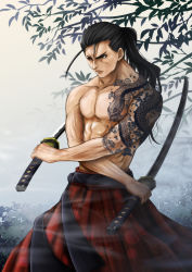 Rule 34 | 1boy, absurdres, arm tattoo, black hair, blade43883059, branch, chest tattoo, commentary request, dual wielding, fog, highres, holding, holding sword, holding weapon, japanese clothes, katana, long hair, male focus, multiple wielding, muscular, muscular male, original, outdoors, shoulder tattoo, solo, sword, tattoo, topless male, weapon