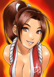Rule 34 | 1girl, breasts, brown eyes, brown hair, cleavage, fatal fury, hair ribbon, large breasts, long hair, polarityplus, ponytail, revision, ribbon, rope, shimenawa, shiranui mai, smile, snk, solo, the king of fighters