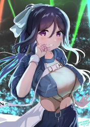 Rule 34 | 1girl, absurdres, birthday, blue hair, blush, breasts, character name, commentary, dated, english text, high ponytail, highres, large breasts, long hair, love live!, love live! sunshine!!, matsuura kanan, midriff, navel, pisagi, ponytail, sidelocks, smile, solo, upper body, wristband