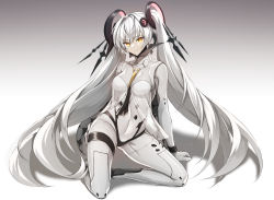 Rule 34 | 04 (nb04 0 0), bodysuit, closed mouth, cross-shaped pupils, floating, floating headgear, floating object, grey bodysuit, grey hair, headgear, long hair, luna: laurel (punishing: gray raven), luna (punishing: gray raven), orange eyes, punishing: gray raven, simple background, symbol-shaped pupils, twintails, very long hair