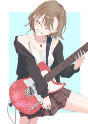 Rule 34 | 1girl, ^ ^, ^o^, absurdres, black jacket, brown hair, closed eyes, collarbone, electric guitar, closed eyes, grin, guitar, head tilt, highres, idolmaster, idolmaster cinderella girls, instrument, jacket, jacket partially removed, music, plaid, plaid skirt, playing instrument, pleated skirt, plectrum, ryus, simple background, skirt, smile, solo, tada riina, tank top, two-tone background, white tank top