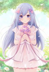Rule 34 | 1girl, absurdres, blue eyes, blue hair, blush, bouquet, breasts, choker, covered navel, cowboy shot, daisy, day, dress, earrings, emori miku, flower, flower earrings, hair flower, hair ornament, heart, heart choker, highres, holding, holding bouquet, jewelry, large breasts, liver city, long hair, looking at viewer, miko (royal milk), open mouth, outdoors, petals, pink ribbon, ribbon, see-through, see-through silhouette, short dress, short sleeves, smile, solo, thigh gap, very long hair, white dress