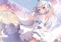 Rule 34 | 1girl, arm up, armpits, bird, blush, breasts, cloud, crown, dress, feathers, frilled dress, frills, glitter, hair between eyes, hair ornament, hair ribbon, hand in own hair, long hair, looking at viewer, medium breasts, mikeou, open mouth, original, outdoors, ribbon, sideboob, sky, smile, solo, very long hair, white bird, white dress, white hair, yellow eyes
