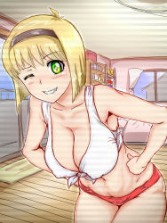 Rule 34 | 1990s (style), 1girl, bare arms, bare legs, bare shoulders, bed, blonde hair, blush, breasts, cleavage, clenched teeth, covered erect nipples, green eyes, hairband, hands on own hips, highres, hosokawa miki, indoors, jigoku sensei nube, large breasts, leaning forward, legs, looking at viewer, midriff, navel, nekoshi, one eye closed, short hair, short shorts, shorts, sleeveless, smile, solo, standing, teeth, thighs, window, wink