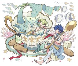 Rule 34 | 2boys, barefoot, blue hair, butterflyfish, closed eyes, clownfish, coral, cracker, cup, ensemble stars!, fish, food, full body, gold trim, green hair, holding, holding spoon, in container, in cup, leaning on object, male focus, meremero, merman, monster boy, monsterification, multiple boys, open mouth, oversized object, sazanami jun, seashell, shell, short hair, sitting, smile, spoon, starfish, sugar cube, tomoe hiyori, tropical fish, water