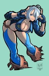 Rule 34 | 1girl, a.b.singh, angel (kof), blue eyes, boots, bra, breasts, chaps, cowboy boots, cropped jacket, fingerless gloves, gloves, hair over one eye, highres, horns pose, index fingers raised, jacket, large breasts, leather, leather jacket, snk, strapless, strapless bra, the king of fighters, the king of fighters xiv, toned, underwear