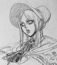 Rule 34 | 1girl, 2021, ascot, bloodborne, bonnet, cape, commentary, constricted pupils, english commentary, female focus, from software, graphite (medium), head tilt, highres, long hair, looking to the side, parted bangs, parted lips, plain doll, sidelocks, simple background, skellyjacks1, solo, thick lips, traditional media, upper body