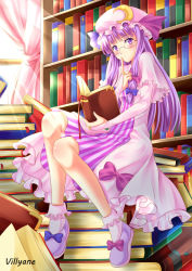 Rule 34 | 1girl, artist name, bespectacled, book, capelet, crescent, curtains, female focus, glasses, hat, long hair, patchouli knowledge, purple eyes, purple hair, shoes, sitting, solo, touhou, villyane, window