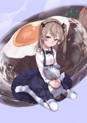 Rule 34 | 10s, 1girl, bandages, black bow, black bowtie, black hairband, black skirt, blush, bow, bowtie, brown eyes, brown hair, circle skirt, closed mouth, collared shirt, egg (food), food, fried egg, frying pan, full body, geregere (lantern), girls und panzer, hair bow, hairband, highres, long hair, long skirt, long sleeves, looking at viewer, no shoes, one side up, pantyhose, purple background, shimada arisu, shirt, sitting, skirt, smile, solo, steam, striped clothes, striped pantyhose, wariza, white shirt, wing collar