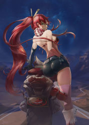 Rule 34 | 00s, 1girl, aqua eyes, ass, back, bikini, bikini top only, black gloves, boots, breasts, elbow gloves, female focus, fingerless gloves, from behind, gloves, hair ornament, highres, johnson zhuang, long hair, looking at viewer, looking back, motor vehicle, motorcycle, ponytail, red hair, scarf, shiny clothes, short shorts, shorts, sideboob, skull hair ornament, sky, smile, solo, swimsuit, tengen toppa gurren lagann, thighhighs, vehicle, very long hair, yellow eyes, yoko littner