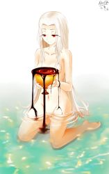 Rule 34 | 1girl, absurdres, aiovia, barefoot, chalice, corruption, cup, fate/zero, fate (series), highres, irisviel von einzbern, kneeling, long hair, navel, nude, partially submerged, red eyes, solo, very long hair, water, white hair