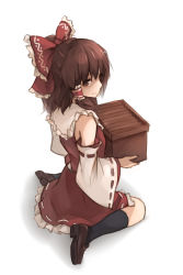 Rule 34 | 1girl, bare shoulders, bow, box, brown eyes, brown hair, detached sleeves, donation box, female focus, hair bow, hair tubes, hakurei reimu, highres, japanese clothes, long hair, miko, sitting, smile, solo, touhou, wariza, xiao qiang (overseas)