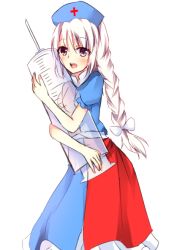 Rule 34 | 1girl, :d, blush, bow, braid, dress, hair bow, hat, large syringe, long hair, looking at viewer, merxkialis, hugging object, open mouth, oversized object, silver hair, smile, solo, syringe, teeth, touhou, yagokoro eirin