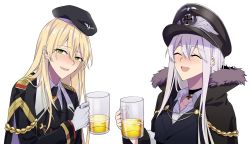 Rule 34 | 2girls, beer mug, black neckwear, blonde hair, blush, closed eyes, cross, cross necklace, cup, drink, fur collar, fur trim, girls&#039; frontline, gloves, green eyes, hat, highres, holding, holding cup, iron cross, jacket, jewelry, kar98k (girls&#039; frontline), long hair, looking at viewer, military, military hat, military uniform, mod3 (girls&#039; frontline), mug, multiple girls, necklace, necktie, open mouth, silver hair, stg44 (girls&#039; frontline), stg44 (mod3) (girls&#039; frontline), suprii, uniform, white background, white gloves