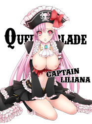 Rule 34 | 10s, 1girl, :o, bad id, bad pixiv id, blush, bow, breasts, captain liliana, frills, hat, highres, jolly roger, kixkanon, large breasts, long hair, midriff, miniskirt, nipples, open mouth, pink eyes, pink hair, pirate hat, pleated skirt, queen&#039;s blade, queen&#039;s blade rebellion, ribbon, skirt, skull and crossbones, skull and crossed swords, solo, torn clothes, very long hair