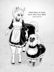 Rule 34 | 10s, 2015, 2girls, animal ears, apron, centaur, centauroid, dark skin, dark-skinned female, english text, full body, greyscale, holding hands, happy new year, hooves, horns, horse ears, horse tail, kensaint, long hair, looking at another, maid, maid apron, maid headdress, monochrome, monster girl, multiple girls, multiple legs, new year, original, ponytail, shadow, sheep ears, sheep girl, sheep horns, smile, tail, taur