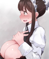 Rule 34 | 1girl, areola slip, blush, bra, breasts, brown eyes, brown hair, butsu menhou, cleavage, commentary request, gradient background, grey background, huge breasts, lace, lace bra, long hair, maid cap, maid headdress, original, shiny skin, solo, sweatdrop, underwear