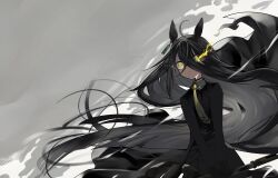 Rule 34 | 1girl, absurdly long hair, absurdres, ahoge, animal ears, black choker, black coat, black gloves, black hair, black skirt, black vest, choker, coat, collared shirt, commentary, commission, cowboy shot, cropped, earrings, expressionless, flaming eye, floating hair, fujiyama ichiha, gloves, grey background, gun, hair between eyes, hair over one eye, halftone, highres, holding, holding gun, holding weapon, horse ears, horse girl, jewelry, long bangs, long hair, long sleeves, looking at viewer, manhattan cafe (umamusume), necktie, open clothes, open coat, parted lips, pleated skirt, shirt, single earring, skeb commission, skirt, smoke, solo, symbol-only commentary, two-handed, umamusume, v arms, very long hair, vest, weapon, white shirt, yellow eyes, yellow necktie