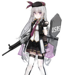 Rule 34 | 1girl, absurdres, automatic shotgun, ballistic shield, beret, black gloves, black hat, black jacket, black skirt, blouse, character name, closed mouth, collared shirt, combat shotgun, feet out of frame, fingerless gloves, girls&#039; frontline, gloves, grey hair, gun, hat, highres, holding, holding weapon, jacket, long hair, looking at viewer, miniskirt, necktie, open clothes, open jacket, purple eyes, purple necktie, rampart1028, shield, shield module, shirt, shotgun, sidelocks, simple background, skirt, solo, thighhighs, usas-12, usas-12 (girls&#039; frontline), very long hair, weapon, white background, white shirt, white thighhighs