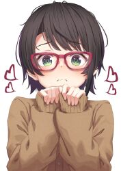 Rule 34 | 1girl, absurdres, bespectacled, black hair, blush, brown cardigan, cardigan, closed mouth, glasses, green eyes, heart, highres, hololive, long sleeves, looking at viewer, oozora subaru, red-framed eyewear, short hair, simple background, sleeves past wrists, solo, starkamisan, swept bangs, upper body, virtual youtuber, white background