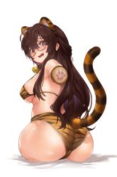 Rule 34 | 1girl, absurdres, amputee, animal ears, ass, bell, bikini, black eyes, black hair, blush, breasts, commission, expired honey, fake animal ears, female focus, from behind, glasses, highres, jingle bell, large breasts, looking at viewer, looking back, original, paw print, print bikini, quadruple amputee, scar, second-party source, semi-rimless eyewear, simple background, solo, stump cover, swimsuit, tail, tiger ears, tiger stripes, tiger tail, white background