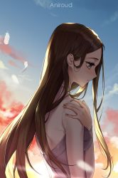 Rule 34 | 1girl, absurdres, aniroud, breasts, brown eyes, brown hair, camisole, closed mouth, copyright request, feathers, from side, hair behind ear, hand on own shoulder, highres, long hair, looking away, medium breasts, profile, sky, solo, spaghetti strap