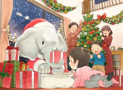 Rule 34 | 2boys, 2girls, :d, blue shirt, blush, box, brown dress, brown hair, brown pants, buttons, cabinet, child, christmas, christmas tree, clenched hands, commentary request, crawling, curtains, dress, elephant, family, from below, fujiwara yoshito, gift, gift box, glass door, grey pants, hat, highres, holding, indoors, multiple boys, multiple girls, night, open mouth, original, pants, pink legwear, polka dot, polka dot legwear, red headwear, ribbon, santa hat, shirt, short hair, sliding doors, smile, snowing, socks, solid oval eyes, tongue