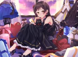 Rule 34 | 1girl, black bow, black dress, black footwear, bow, brown eyes, brown hair, closed mouth, dress, earrings, flower, hair flower, hair ornament, high heels, highres, holding, holding letter, idolmaster, idolmaster million live!, idolmaster million live! theater days, jewelry, kitazawa shiho, kurousagi yuu, letter, long dress, long hair, looking at viewer, nail polish, off-shoulder dress, off shoulder, pumps, red flower, red nails, sitting, smile, solo, stuffed animal, stuffed toy, very long hair