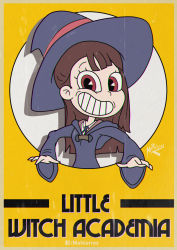 Rule 34 | 1girl, brown hair, crossover, cuphead (game), hat, highres, kagari atsuko, little witch academia, long hair, maltierrez, parody, robe, school uniform, smile, solo, style parody, upper body, witch hat, yellow background