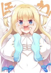 Rule 34 | 1girl, @ @, ahoge, angel, angel wings, ascot, blonde hair, blue eyes, blue ribbon, blunt bangs, blush, colored eyelashes, commentary, dress, embarrassed, eyes visible through hair, fingernails, floating hair, hakutocake, hands on own cheeks, hands on own face, hands up, highres, long hair, long sleeves, motion lines, nose blush, open mouth, ribbon, shirayuki noa, simple background, solo, sound effects, standing, straight-on, sweatdrop, tenshi souzou re-boot!, two side up, upper body, v-shaped eyebrows, very long hair, wavy mouth, white ascot, white background, white dress, white wings, wide-eyed, wide sleeves, wing hair ornament, wings