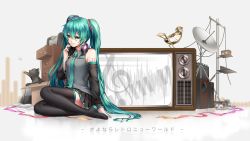 Rule 34 | 1girl, aqua eyes, aqua hair, arm support, bad id, bad pixiv id, bird, bug, butterfly, cat, detached sleeves, hatsune miku, hinase kanoto, bug, light smile, long hair, piano keys, satellite dish, solo, television, thighhighs, treble clef, twintails, very long hair, vocaloid