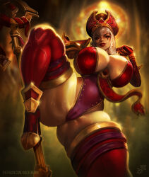 Rule 34 | 1girl, blurry, blurry background, breasts, cameltoe, cleavage, cleft of venus, curvy, hat, high heels, huge breasts, long hair, looking at viewer, mister69m, one leg raised, priestess, red eyes, sally whitemane, smile, spread legs, staff, sweat, thick lips, thick thighs, thighhighs, thighs, veins, veiny breasts, warcraft, white hair, wide hips, world of warcraft