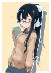Rule 34 | 1girl, adapted costume, alternate hairstyle, black hair, blue eyes, blue sailor collar, blue skirt, book, border, cardigan, fyuo, glasses, hairband, highres, kantai collection, long hair, looking at viewer, necktie, ooyodo (kancolle), ponytail, red necktie, sailor collar, school uniform, semi-rimless eyewear, serafuku, skirt, solo, two-tone background, under-rim eyewear, white border, yellow background