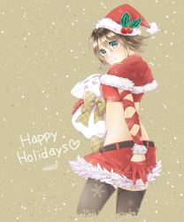Rule 34 | 1girl, akzk kh, alternate costume, belt, blue eyes, breasts, brown hair, christmas, closed mouth, final fantasy, final fantasy x, final fantasy x-2, green eyes, happy holidays, hat, heart, heterochromia, highres, looking at viewer, santa hat, short hair, simple background, skirt, solo, thighhighs, yuna (ff10)