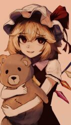 Rule 34 | 1girl, blonde hair, flandre scarlet, hat, hat ribbon, highres, irumina777, looking at viewer, mob cap, puffy short sleeves, puffy sleeves, red eyes, ribbon, short sleeves, simple background, solo, stuffed animal, stuffed toy, teddy bear, touhou, wings