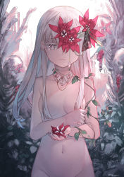 Rule 34 | 1girl, artist name, bad id, bad pixiv id, breasts, censored, censored nipples, closed mouth, collarbone, commentary, cowboy shot, expressionless, flower, grey hair, groin, hair censor, hair flower, hair ornament, hair over breasts, highres, holding, holding flower, long hair, looking at viewer, medium breasts, navel, nude, one eye covered, original, out-of-frame censoring, plant, red flower, skull, small breasts, solo, stomach, watori re