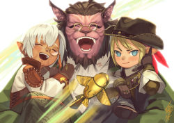 Rule 34 | 1girl, 2boys, ^ ^, adjusting clothes, adjusting headwear, animal ears, animal nose, artist name, bangs pinned back, beard, black headwear, black skirt, blonde hair, blue eyes, blush, body fur, boric (ff14), brown footwear, brown gloves, brown hair, child, closed eyes, closed mouth, collared shirt, cowboy hat, dated, facial hair, fangs, final fantasy, final fantasy xiv, floating, floating object, forehead, freckles, furry, furry male, gem, glasses, gloves, gold, green gemstone, green jacket, hair ribbon, hand on another&#039;s chest, hand up, happy, hat, hrothgar, jacket, jewelry, lalafell, long sleeves, looking at viewer, monocle, motion blur, multiple boys, multiple rings, namono tayamono, old, old woman, open mouth, pince-nez, pointy ears, purple fur, red gemstone, red ribbon, ribbon, ring, rurusha (ff14), shirt, shoes, short hair, sidelocks, signature, sitting, sitting on arm, skirt, smile, standing, straight-on, swept bangs, tassel, teeth, tongue, tsunetaka rakurai, upper body, uvula, white background, white hair, white shirt, yellow-framed eyewear